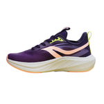 A purple athletic sneaker with a thick white and orange sole, featuring a peach-colored side stripe and neon yellow accents, shown from a side profile on a white background.