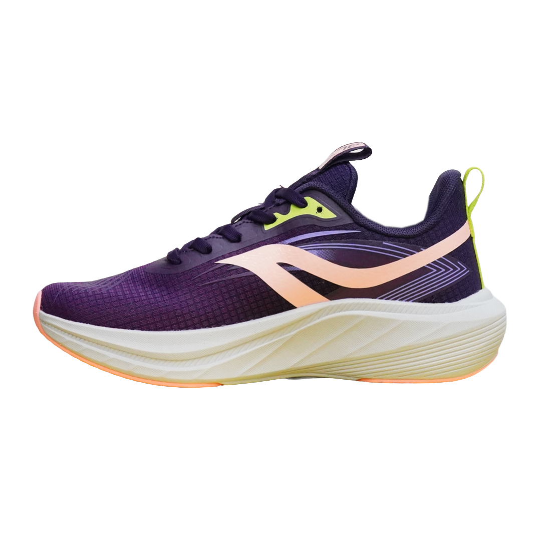A single athletic sneaker shown in profile against a solid white background. The shoe features a deep purple mesh upper with a prominent light peach-pink side stripe, a thick white midsole, and lime green accents on the laces and heel pull tab.
