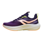 A single athletic sneaker shown in profile against a solid white background. The shoe features a deep purple mesh upper with a prominent light peach-pink side stripe, a thick white midsole, and lime green accents on the laces and heel pull tab.