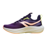 A single athletic sneaker shown in profile against a solid white background. The shoe features a deep purple mesh upper with a prominent light peach-pink side stripe, a thick white midsole, and lime green accents on the laces and heel pull tab.