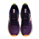 A pair of athletic sneakers shown from a front-facing overhead angle on a plain white background. The shoes feature a textured purple and dark purple mesh upper, dark purple laces, a light pink side accent, and neon lime green details near the collar and tongue.