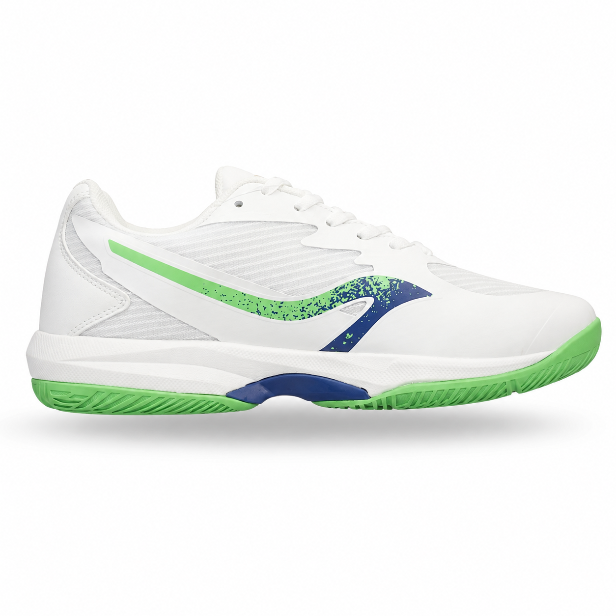 A white athletic court shoe with a vibrant green and blue design, shown from the side against a clean white background.