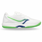 A white athletic court shoe with a vibrant green and blue design, shown from the side against a clean white background.