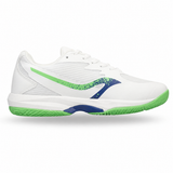 A white athletic court shoe with a vibrant green and blue design, shown from the side against a clean white background.
