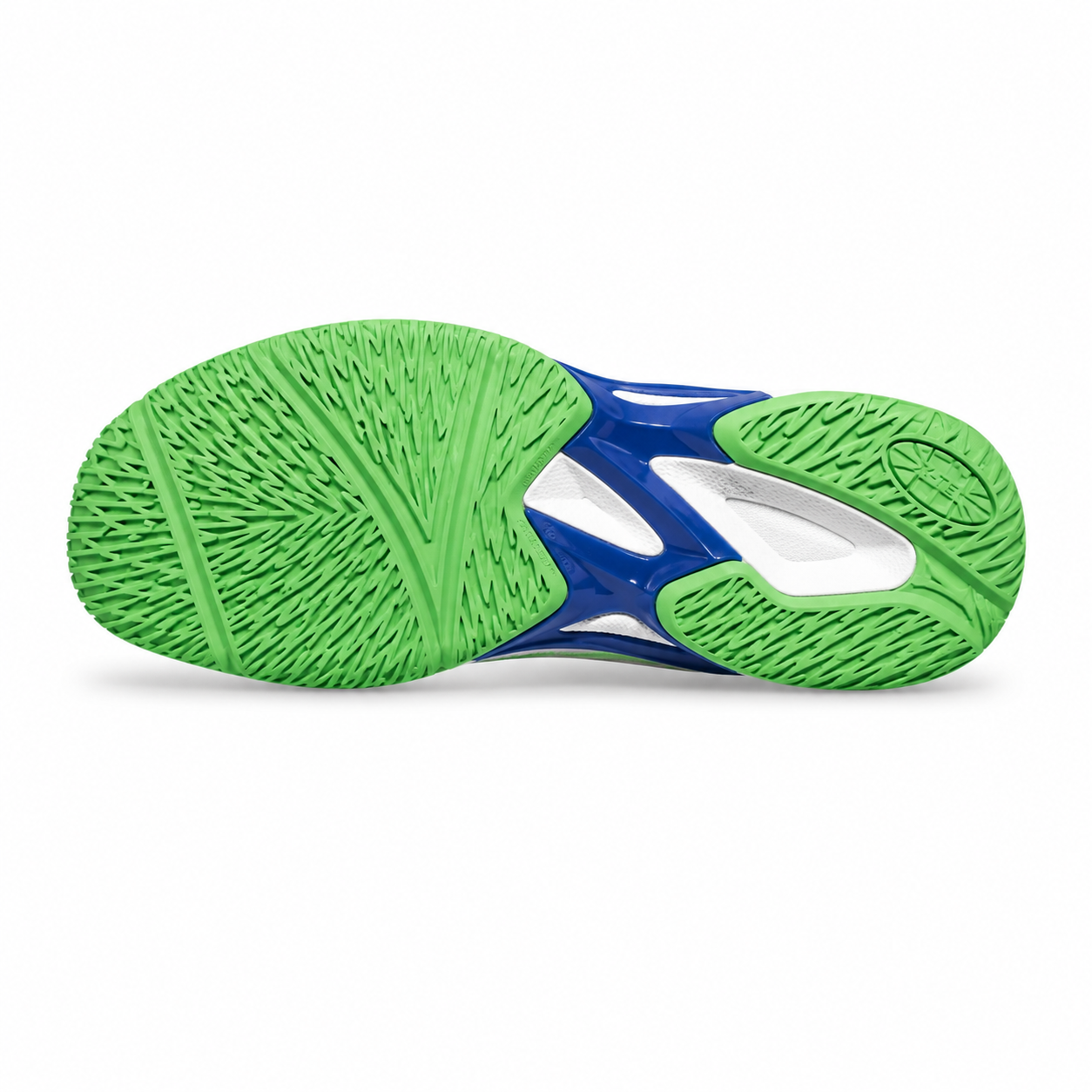 The outsole of a running shoe shown from a top-down view, featuring a bright green textured tread pattern with a blue and white structural midsole.
