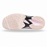 The outsole of a running shoe shown from a top-down view, featuring a textured light pink and beige rubber tread with black and light pink structural accents.