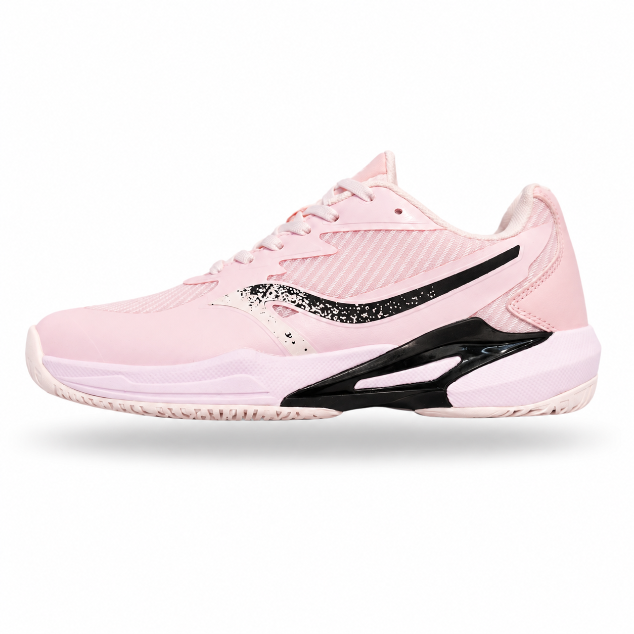 A light pink athletic sneaker with black and silver accents, shown from the side profile on a white background.